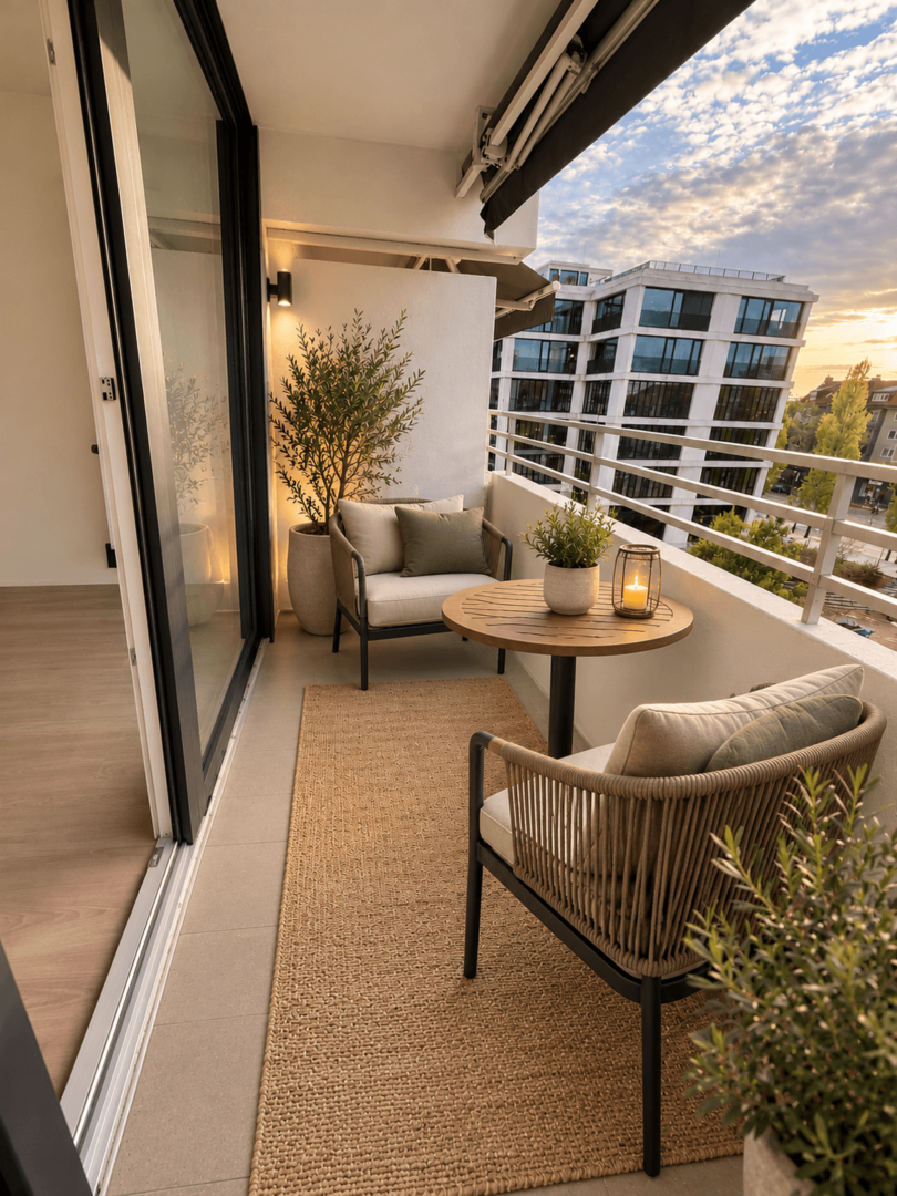 Gemütlicher West-Balkon im Abendlicht